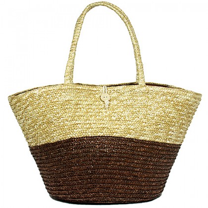 Straw Tote – 12 PCS Woven Wheat Straw Tote - 2 Tones - Brown - BG-R11053BN 